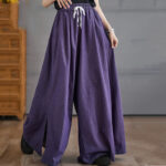 Buddha Stones Retro Leg Opening Slit Design Cotton Women's Wide Leg Pants With Pockets - image 4
