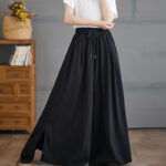 Buddha Stones Retro Leg Opening Slit Design Cotton Women's Wide Leg Pants With Pockets - image 13
