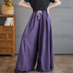 Buddha Stones Retro Leg Opening Slit Design Cotton Women's Wide Leg Pants With Pockets - image 2