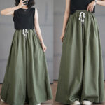 Buddha Stones Retro Leg Opening Slit Design Cotton Women's Wide Leg Pants With Pockets - image 10