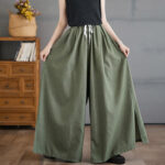 Buddha Stones Retro Leg Opening Slit Design Cotton Women's Wide Leg Pants With Pockets - image 8