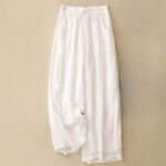 Buddha Stones Spring Pure Color Drawstring Double Layer Cotton Women's Wide Leg Pants With Pockets - White - US8-10，UK/AU12-14，EU40-42 (2XL) - image 8