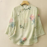 Buddha Stones Casual Women's Ink Lotus Pattern Frog-button Slanted Collar Design Three Quarter Sleeve Shirt - Beige - US8-10，UK/AU12-14，EU40-42 (2XL) - image 1