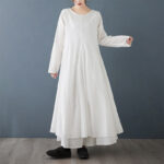 Buddha Stones Spring Double Layer Design Cotton Long Sleeve Women's Midi Dress - White - US12，UK/AU16，EU44 (2XL) - image 1
