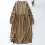 Buddha Stones Casual DarkKhaki Cotton Linen Corduroy Puff Long Sleeve Midi Dress - DarkKhaki - US8-10，UK/AU12-14，EU40-42 (2XL) - image 1