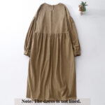 Buddha Stones Casual DarkKhaki Cotton Linen Corduroy Puff Long Sleeve Midi Dress - image 2