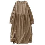 Buddha Stones Casual DarkKhaki Cotton Linen Corduroy Puff Long Sleeve Midi Dress - image 16