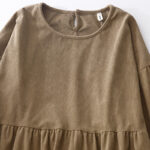 Buddha Stones Casual DarkKhaki Cotton Linen Corduroy Puff Long Sleeve Midi Dress - image 3
