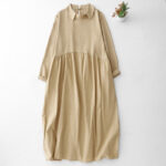 Buddha Stones Spring Plain Lapel Long Sleeve Cotton Linen Midi Dress With Pockets - PaleGoldenrod - US8-10，UK/AU12-14，EU40-42 (2XL) - image 8