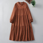 Buddha Stones Spring White Dot Pattern Ruffle Crew Neck Cotton Linen Midi Dress With Pockets - Chocolate - US12，UK/AU16，EU44 (2XL) - image 1