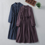 Buddha Stones Printing Floral Pattern Accordion Pleats Design Cotton Linen Midi Dress With Pockets - image 18