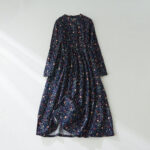 Buddha Stones Ethnic Printing Floral Lace-Up Design Cotton Linen Midi Dress - MidnightBlue - US8-10，UK/AU12-14，EU40-42 (2XL) - image 1