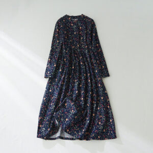 Buddha Stones Ethnic Printing Floral Lace-Up Design Cotton Linen Midi Dress - MidnightBlue - US8-10，UK/AU12-14，EU40-42 (2XL) - image 1