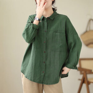 Buddha Stones Casual Plain Women's Cotton Linen Long Sleeve Shirt - SeaGreen - US14，UK/AU18，EU46 (2XL) - image 1