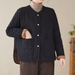 Buddha Stones Retro Plain Women's Thick Cotton Coat Jacket With Pockets - Black - US14，UK/AU18，EU46 (2XL) - image 1