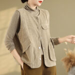 Buddha Stones Sleeveless Buttons Women's Cotton Vest Corduroy Waistcoat With Pockets - image 2