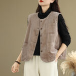 Buddha Stones Corduroy Buttons Women's Cotton Vest Waistcoat With Pockets - image 2
