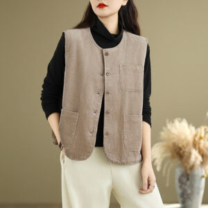 Buddha Stones Corduroy Buttons Women's Cotton Vest Waistcoat With Pockets - Tan - US8-10，UK/AU12-14，EU40-42 (2XL) - image 1
