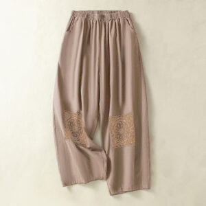 Buddha Stones Vintage Summer Casual Embroidery Paisley Pattern Women's  Cotton Linen Harem Pants With Pockets - SandyBrown - US8-10，UK/AU12-14，EU40-42 (2XL) - image 1