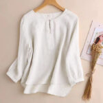 Buddha Stones Casual Plain Women's Hollow Crew Neck Design Three Quarter Sleeve Shirt - Linen - US8-10，UK/AU12-14，EU40-42 (2XL) - image 13