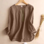 Buddha Stones Casual Plain Women's Hollow Crew Neck Design Three Quarter Sleeve Shirt - Tan - US8-10，UK/AU12-14，EU40-42 (2XL) - image 1