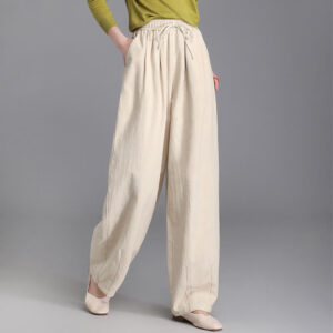 Buddha Stones Women's Casual Vintage Plain Drawstring Carrot Design Cotton Linen Pants With Pockets - Beige - US6，UK/AU10，EU38 (L) - image 1