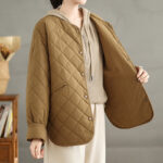 Buddha Stones Women's Casual Plain Buttons Design Cotton Thermal Diamond-quilted Jacket With Pockets - image 5