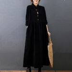 Buddha Stones Fall Buttons Design Long Sleeve Cotton Corduroy Midi Dress With Pockets - image 6