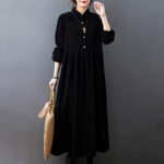 Buddha Stones Fall Buttons Design Long Sleeve Cotton Corduroy Midi Dress With Pockets - image 7