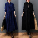 Buddha Stones Fall Buttons Design Long Sleeve Cotton Corduroy Midi Dress With Pockets - image 27