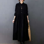 Buddha Stones Fall Buttons Design Long Sleeve Cotton Corduroy Midi Dress With Pockets - image 3