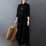 Buddha Stones Fall Buttons Design Long Sleeve Cotton Corduroy Midi Dress With Pockets - image 8