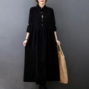 Buddha Stones Fall Buttons Design Long Sleeve Cotton Corduroy Midi Dress With Pockets - Black - US8-10，UK/AU12-14，EU40-42 (2XL) - image 1