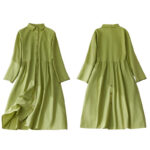 Buddha Stones Causal Commute Plain Buttons Design Lapel Cotton Midi Dress With Pockets - image 11