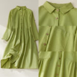 Buddha Stones Causal Commute Plain Buttons Design Lapel Cotton Midi Dress With Pockets - image 9