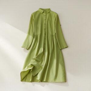 Buddha Stones Causal Commute Plain Buttons Design Lapel Cotton Midi Dress With Pockets - YellowGreen - US8-10，UK/AU12-14，EU40-42 (2XL) - image 1