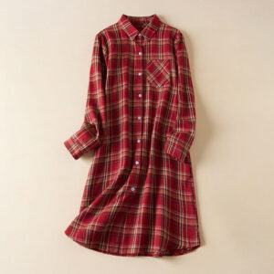 Buddha Stones Spring Color Contrast Plaid Pattern Lapel Cotton Midi Dress With Pockets - Crimson - US8-10，UK/AU12-14，EU40-42 (2XL) - image 1