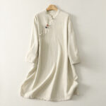 Buddha Stones Spring Vintage Diagonal Closure Frog Buttons Design Cotton Midi Dress - Linen - US12，UK/AU16，EU44 (2XL) - image 7