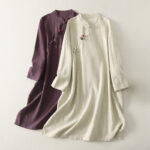 Buddha Stones Spring Vintage Diagonal Closure Frog Buttons Design Cotton Midi Dress - image 1