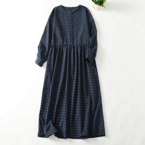 Buddha Stones Retro Contrasting Color Plaid Puff Sleeve Cotton Linen Midi Dress With Pockets - DarkBlue - US8-10，UK/AU12-14，EU40-42 (2XL) - image 1