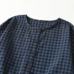 Buddha Stones Retro Contrasting Color Plaid Puff Sleeve Cotton Linen Midi Dress With Pockets - image 3