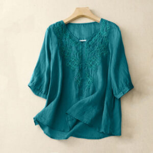 Buddha Stones V-Neck Lines Embroidery Women's Half Sleeve Shirt - DarkTurquoise - US12，UK/AU16，EU44 (2XL) - image 1