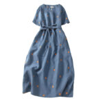 Buddha Stones Casual Dot Pattern Short Sleeve Lace-up Cotton Linen Women's Midi Dress With Pockets - image 7