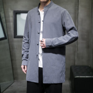 Buddha Stones Simple Tang Suit Plain Chinese Frog-Button Design Men's Cotton Jacket Shirt - LightSteelBlue - US/UK/AU46，EU56 (5XL) - image 1