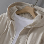 Buddha Stones Ribbed Hem Design Hoodie Men's Cotton Linen Jacket Shirt With Pockets - image 7
