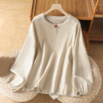 Buddha Stones Casual Plain Button Crew Neck Cotton Polyester Women's Shirt - Beige - US14，UK/AU18，EU46 (2XL) - image 1