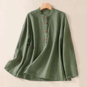 Buddha Stones Casual Buttons Crew Neck Cotton Women's Shirt With Pockets - DarkSeaGreen - US14，UK/AU18，EU46 (2XL) - image 1