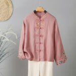 Buddha Stones Embroidery Flower Design Frog-buttons Cotton Women's Shirt - LightPink - US12，UK/AU16，EU44 (2XL) - image 10