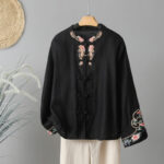 Buddha Stones Embroidery Flower Design Frog-buttons Cotton Women's Shirt - Black - US12，UK/AU16，EU44 (2XL) - image 19