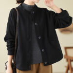 Buddha Stones Solid Color Women's Cotton Buttons Jacket With Pockets - Black - US14，UK/AU18，EU46 (2XL) - image 1